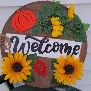 Welcome Sign with Sunflowers and Pumpkin